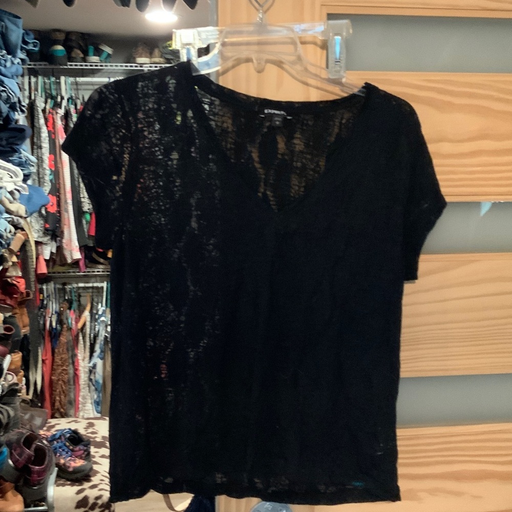 Black Sheer V-Neck Women's Short sleeve